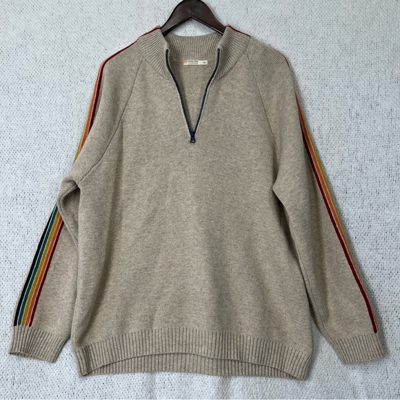 Marine Layer Archive Krew Sweater Men XL Quarter Zip Oatmeal Tan Rainbow Striped